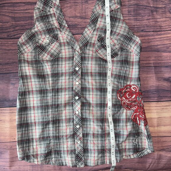 GUESS Plaid Halter Top with Red Rose Embroidered Detail - Size Medium - Picture 9 of 9